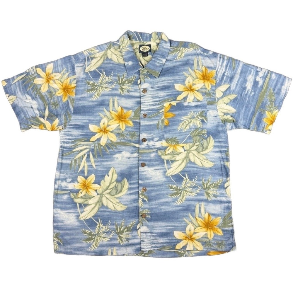 Tommy Bahama Men's L Blue Rayon Shirt Summer Floral Palm Trees Hawaiian Island